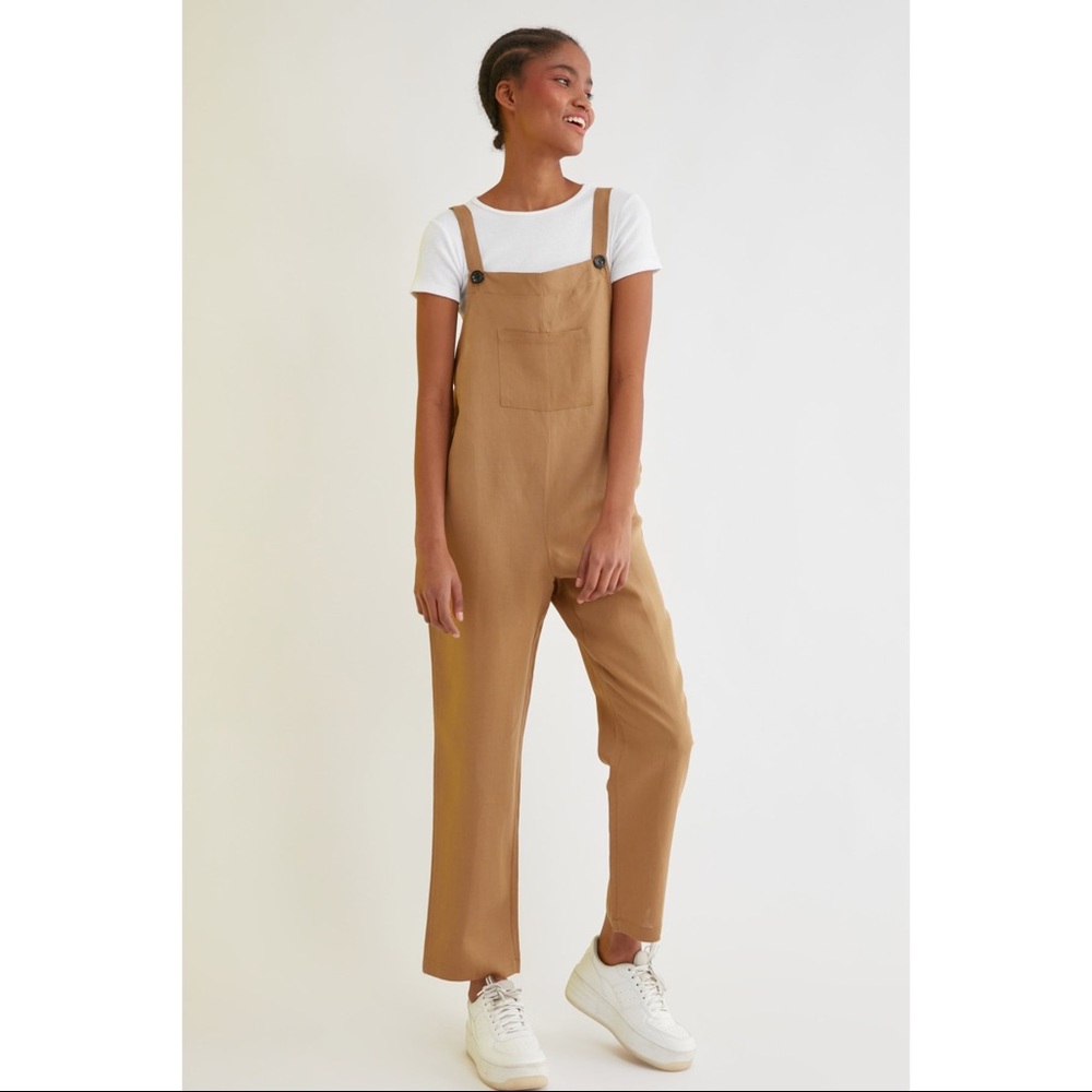 Brown %100 Linen Thick Strap Jumpsuit